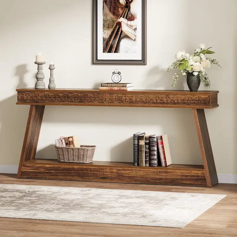 Tavolo Consolle Stretto a 2 Ripiani Marrone Scuro / Nero / Marrone Rustico, Montaggio per 1 Persona, 180 cm Lungh.