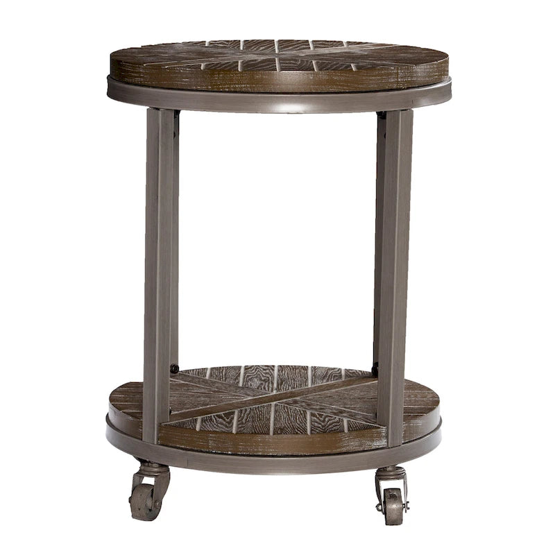 Tavolino Rotondo con Ripiano – Grigio Invecchiato / Rovere Bruciato Calce Bianco, Stile Industriale Rustico, 1 Posto