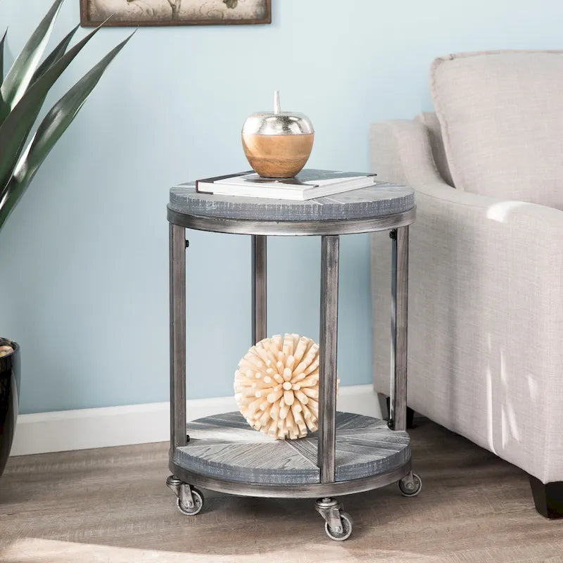 Tavolino Rotondo con Ripiano – Grigio Invecchiato / Rovere Bruciato Calce Bianco, Stile Industriale Rustico, 1 Posto