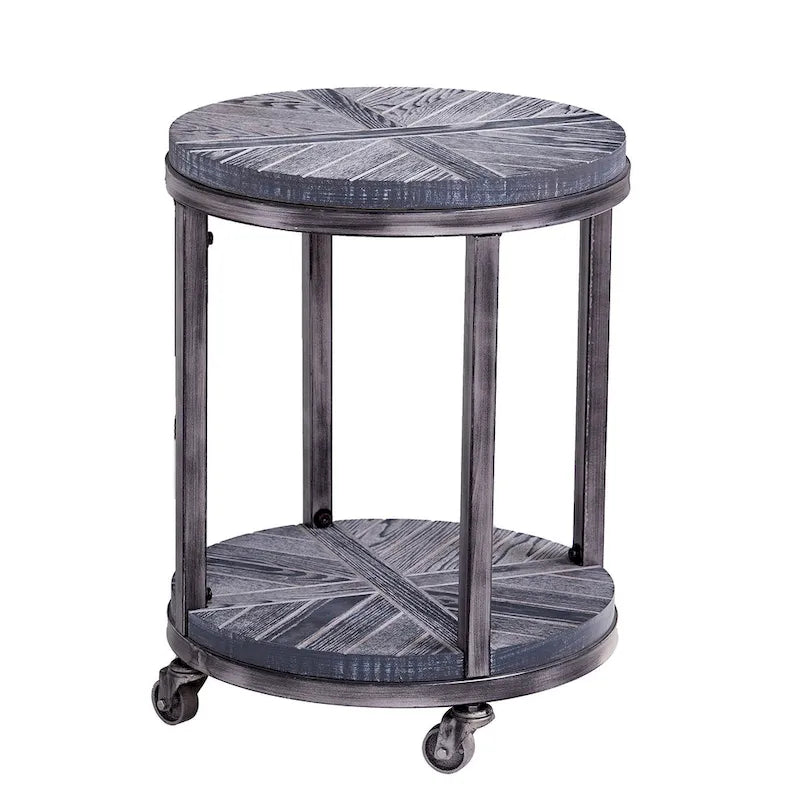 Tavolino Rotondo con Ripiano – Grigio Invecchiato / Rovere Bruciato Calce Bianco, Stile Industriale Rustico, 1 Posto