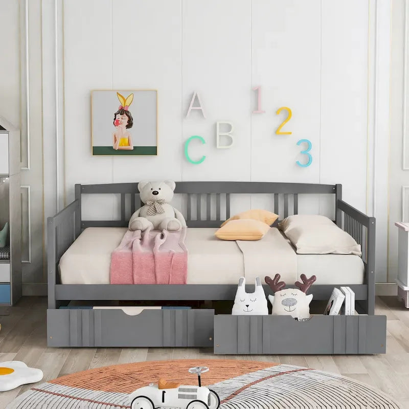 Divano letto matrimoniale grigio/espresso/bianco con 2 cassetti, legno di pino, 1 persona