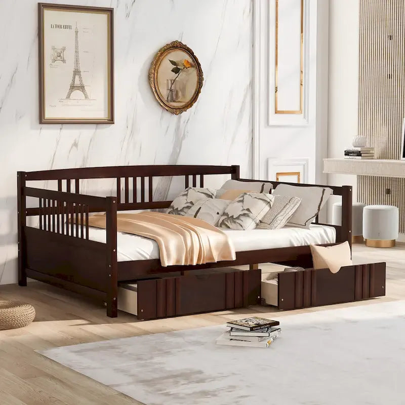 Divano letto matrimoniale grigio/espresso/bianco con 2 cassetti, legno di pino, 1 persona