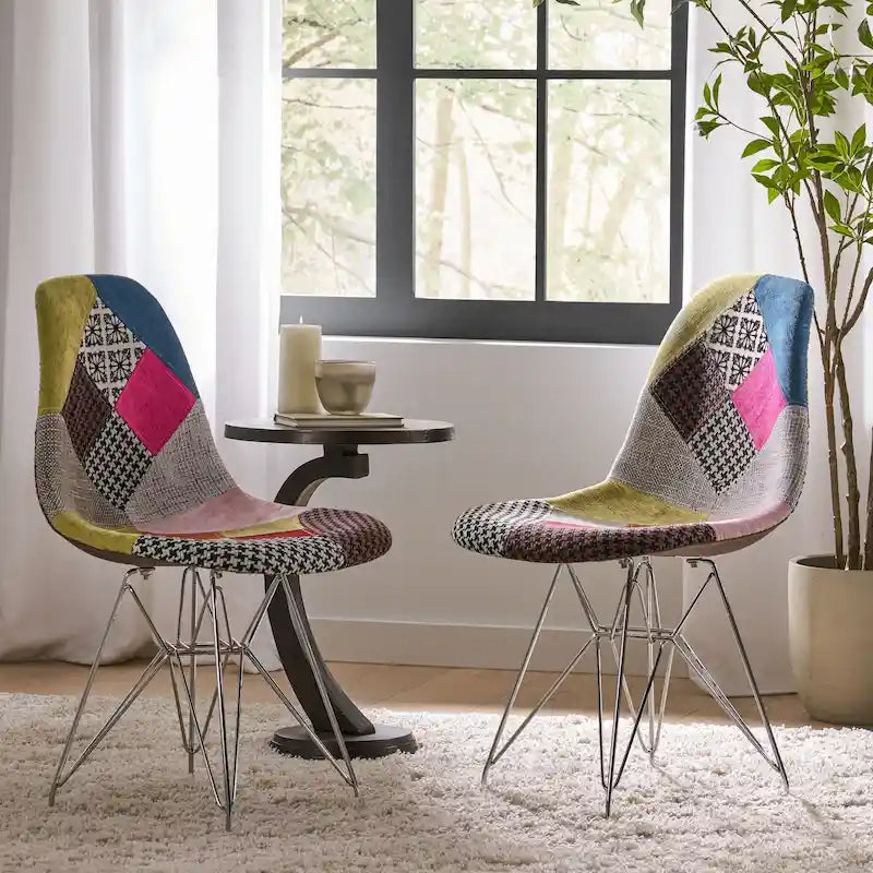 Sedia da pranzo imbottita Patchwork, Multicolore/Blu-Grigio, Set da 2