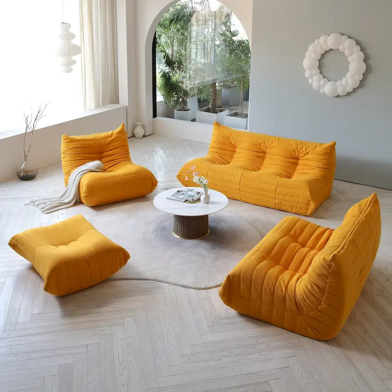 Divano componibile Teddy Velvet senza braccioli, set da 4 pezzi, giallo/rosso/beige/marrone chiaro/rosa