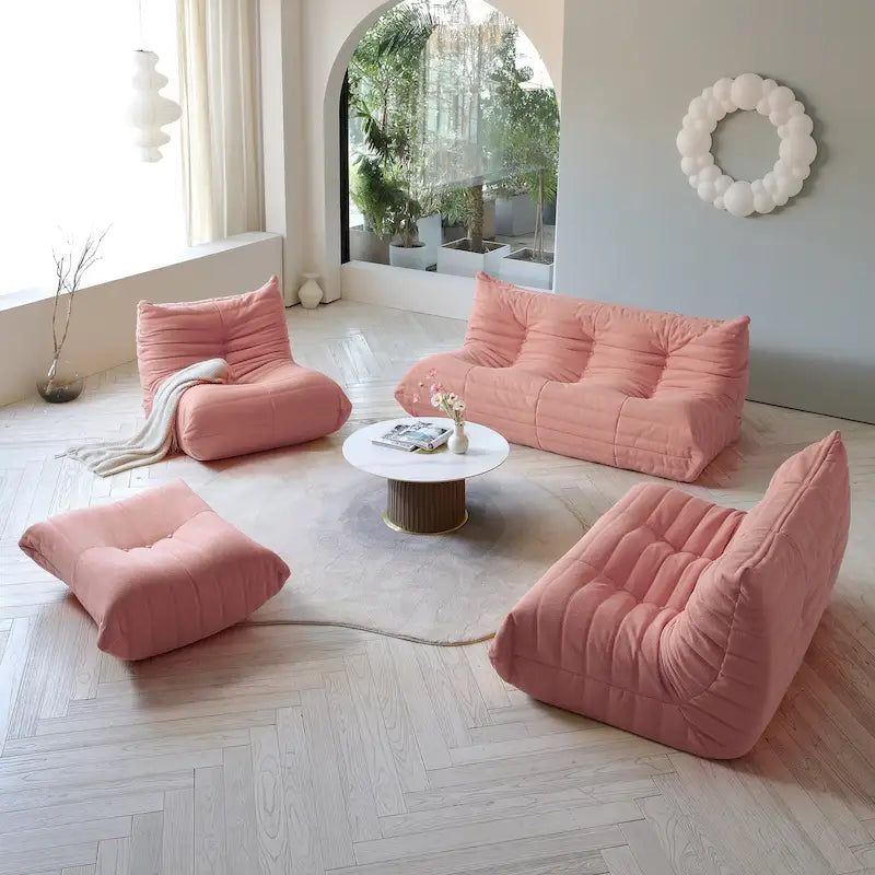 Divano componibile Teddy Velvet senza braccioli, set da 4 pezzi, giallo/rosso/beige/marrone chiaro/rosa