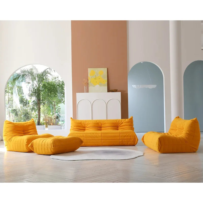 Divano componibile Teddy Velvet senza braccioli, set da 4 pezzi, giallo/rosso/beige/marrone chiaro/rosa