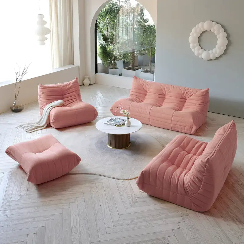 Divano componibile Teddy Velvet senza braccioli, set da 4 pezzi, giallo/rosso/beige/marrone chiaro/rosa