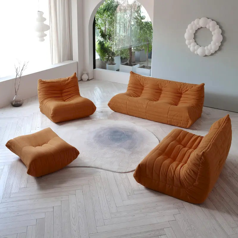 Divano componibile Teddy Velvet senza braccioli, set da 4 pezzi, giallo/rosso/beige/marrone chiaro/rosa
