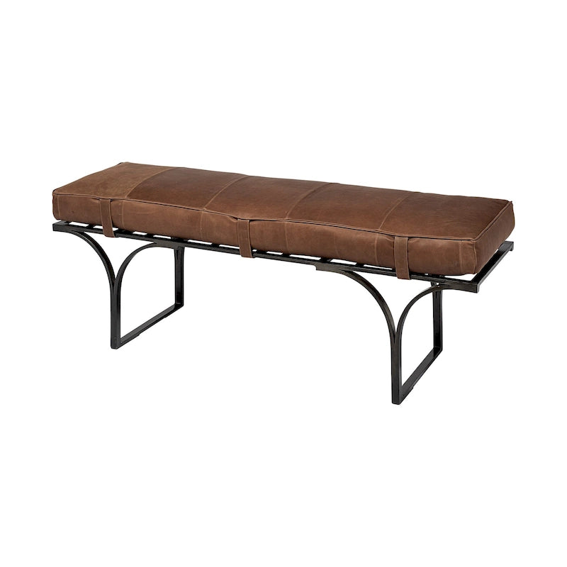 Panca Accento con Seduta in Pelle Nera/Marrone/Grigia e Base in Metallo, 2 Posti – 140 cm L x 41 cm P x 48 cm H