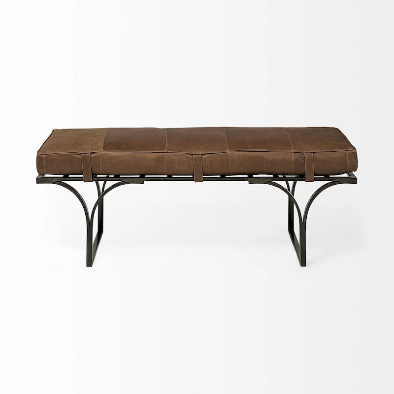 Panca Accento con Seduta in Pelle Nera/Marrone/Grigia e Base in Metallo, 2 Posti – 140 cm L x 41 cm P x 48 cm H
