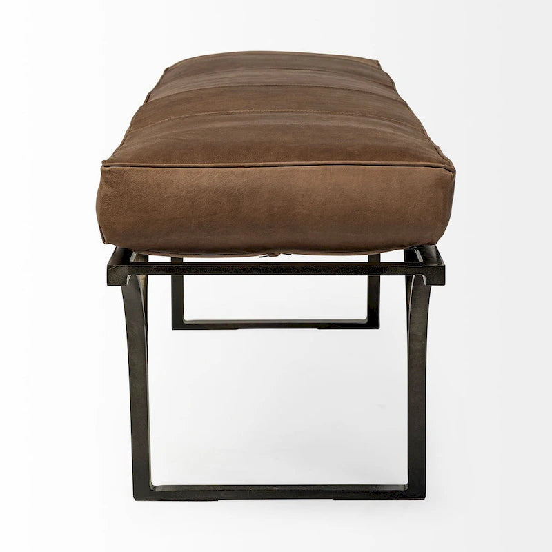 Panca Accento con Seduta in Pelle Nera/Marrone/Grigia e Base in Metallo, 2 Posti – 140 cm L x 41 cm P x 48 cm H