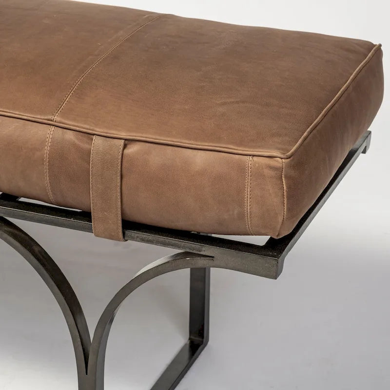 Panca Accento con Seduta in Pelle Nera/Marrone/Grigia e Base in Metallo, 2 Posti – 140 cm L x 41 cm P x 48 cm H