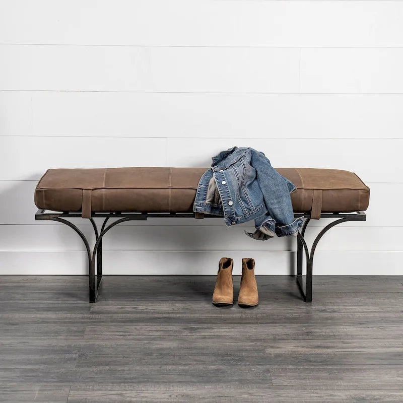 Panca Accento con Seduta in Pelle Nera/Marrone/Grigia e Base in Metallo, 2 Posti – 140 cm L x 41 cm P x 48 cm H