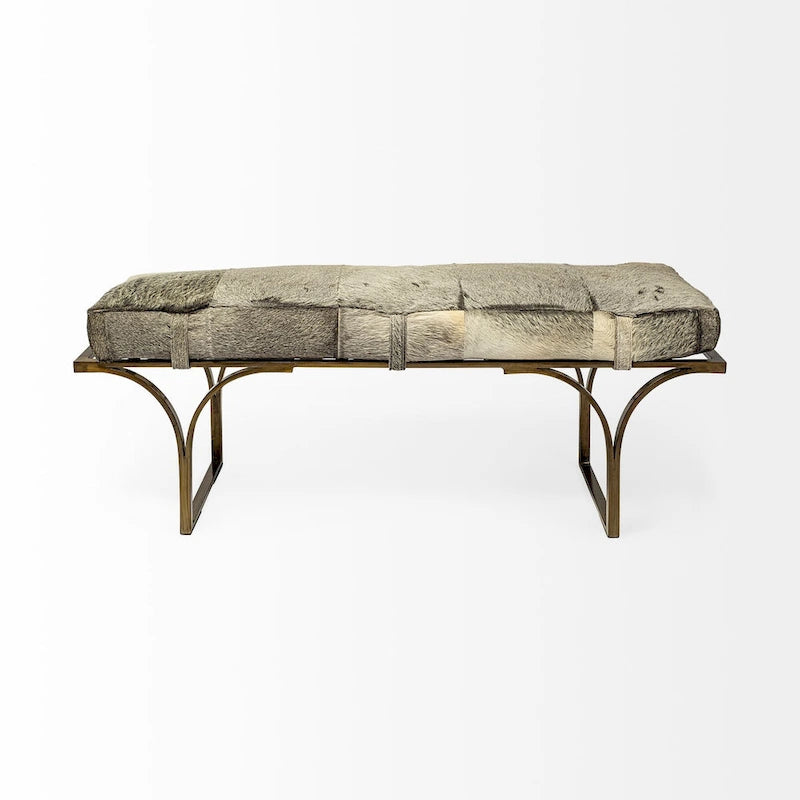 Panca Accento con Seduta in Pelle Nera/Marrone/Grigia e Base in Metallo, 2 Posti – 140 cm L x 41 cm P x 48 cm H