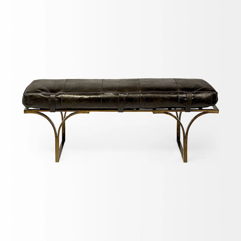 Panca Accento con Seduta in Pelle Nera/Marrone/Grigia e Base in Metallo, 2 Posti – 140 cm L x 41 cm P x 48 cm H