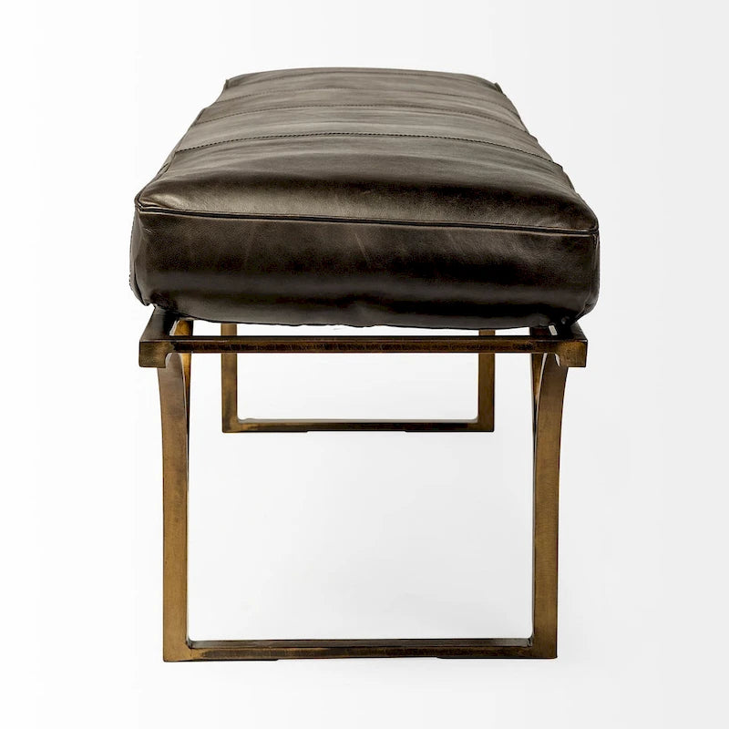 Panca Accento con Seduta in Pelle Nera/Marrone/Grigia e Base in Metallo, 2 Posti – 140 cm L x 41 cm P x 48 cm H