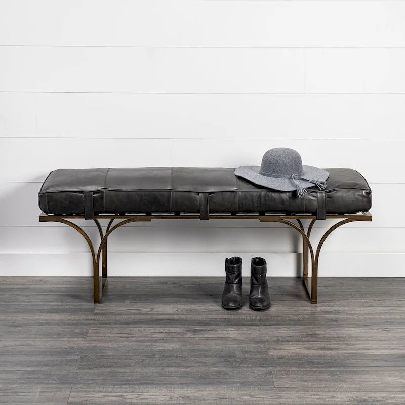 Panca Accento con Seduta in Pelle Nera/Marrone/Grigia e Base in Metallo, 2 Posti – 140 cm L x 41 cm P x 48 cm H