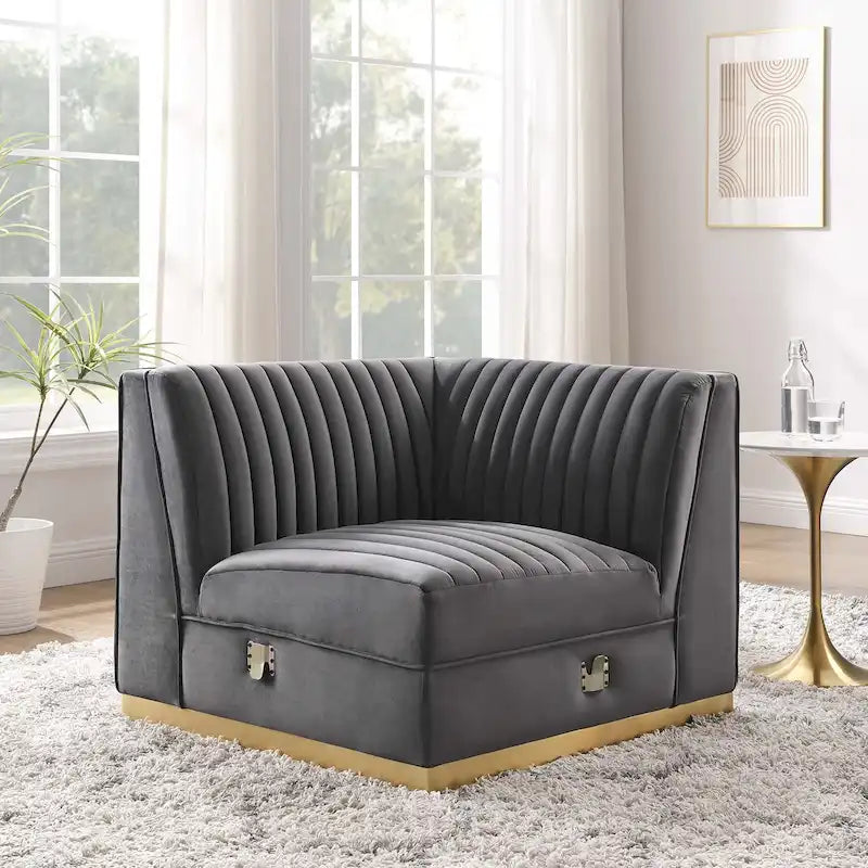 Poltrona angolare componibile trapuntata in velluto, 1 posto, grigio/rosa cipria/blu navy