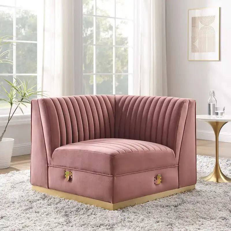 Poltrona angolare componibile trapuntata in velluto, 1 posto, grigio/rosa cipria/blu navy
