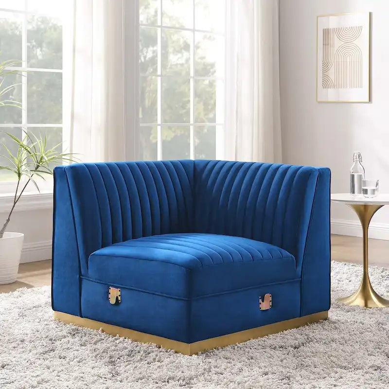 Poltrona angolare componibile trapuntata in velluto, 1 posto, grigio/rosa cipria/blu navy