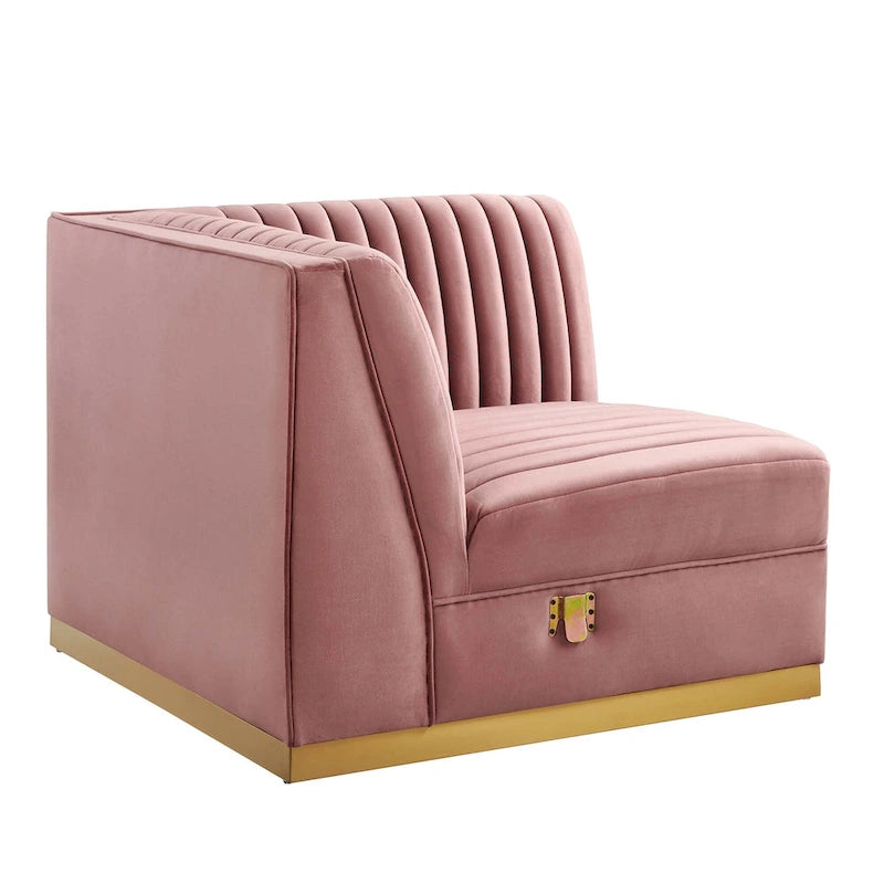 Poltrona angolare componibile trapuntata in velluto, 1 posto, grigio/rosa cipria/blu navy