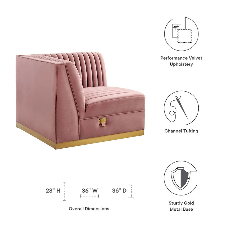 Poltrona angolare componibile trapuntata in velluto, 1 posto, grigio/rosa cipria/blu navy