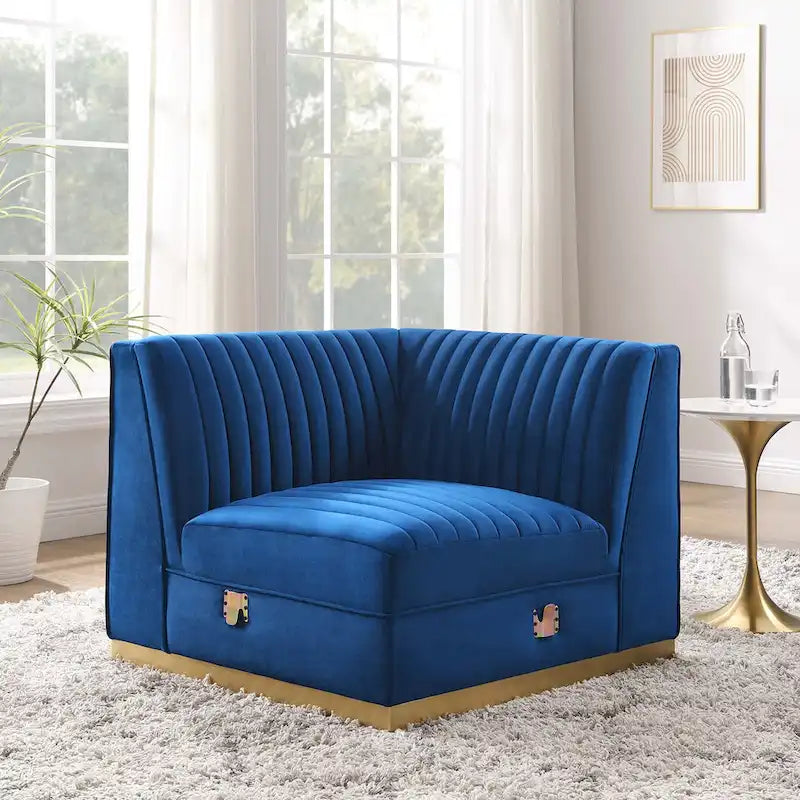 Poltrona angolare componibile trapuntata in velluto, 1 posto, grigio/rosa cipria/blu navy