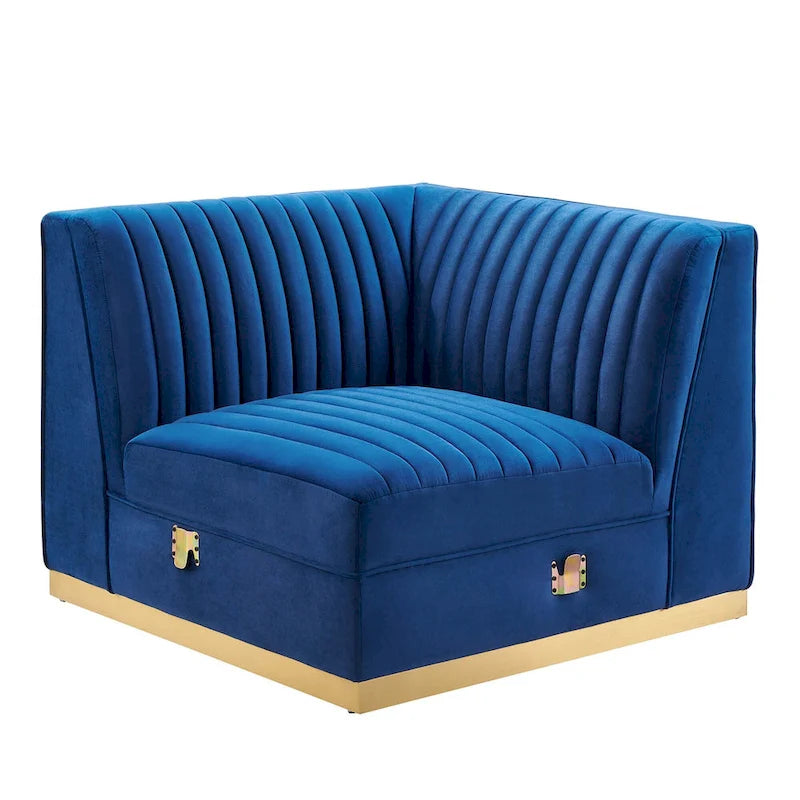 Poltrona angolare componibile trapuntata in velluto, 1 posto, grigio/rosa cipria/blu navy