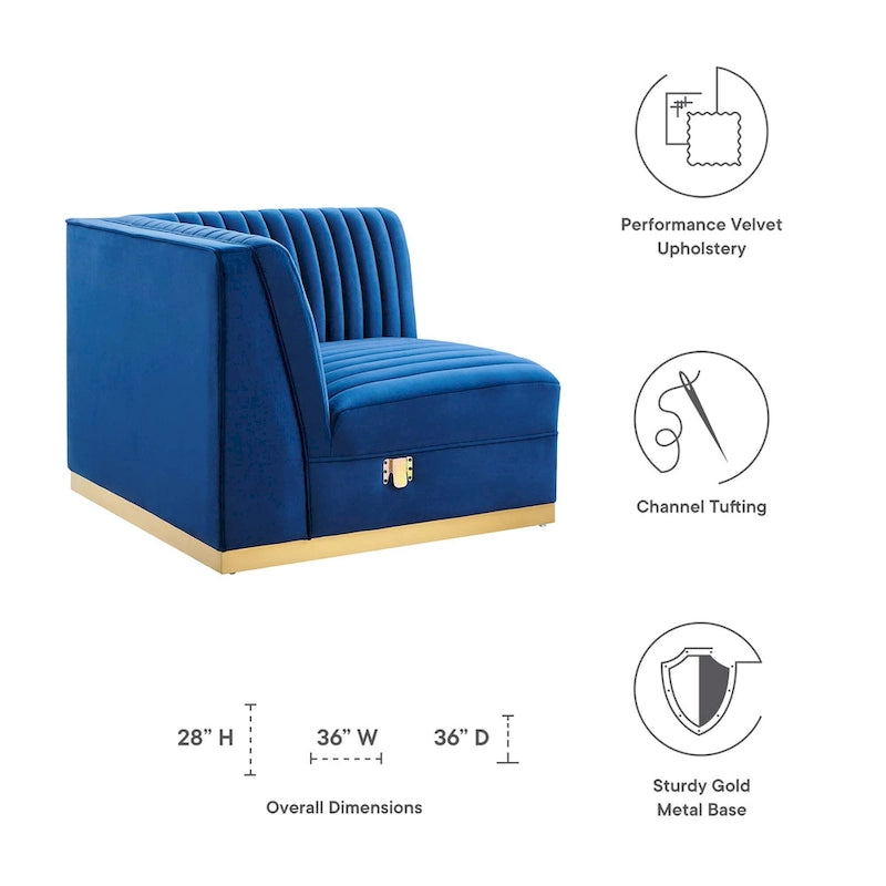 Poltrona angolare componibile trapuntata in velluto, 1 posto, grigio/rosa cipria/blu navy