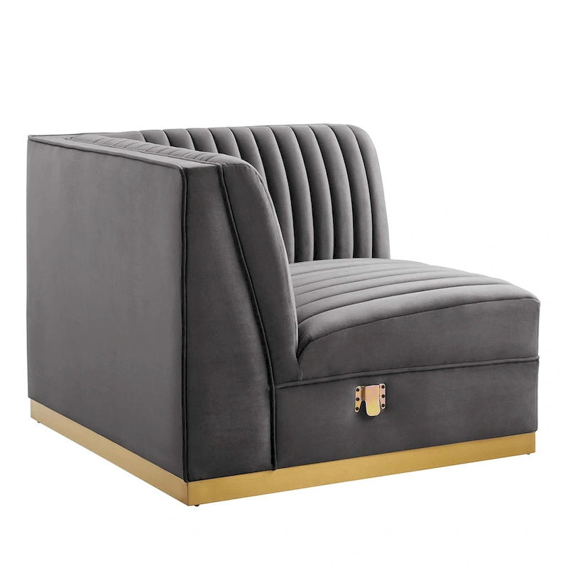 Poltrona angolare componibile trapuntata in velluto, 1 posto, grigio/rosa cipria/blu navy