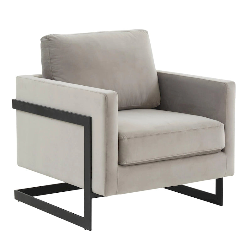 Poltroncina d'appoggio in Velluto Grigio Chiaro, Seduta Singola, Gambe in Acciaio Nero
