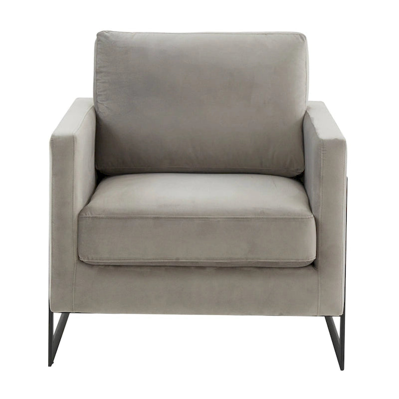 Poltroncina d'appoggio in Velluto Grigio Chiaro, Seduta Singola, Gambe in Acciaio Nero
