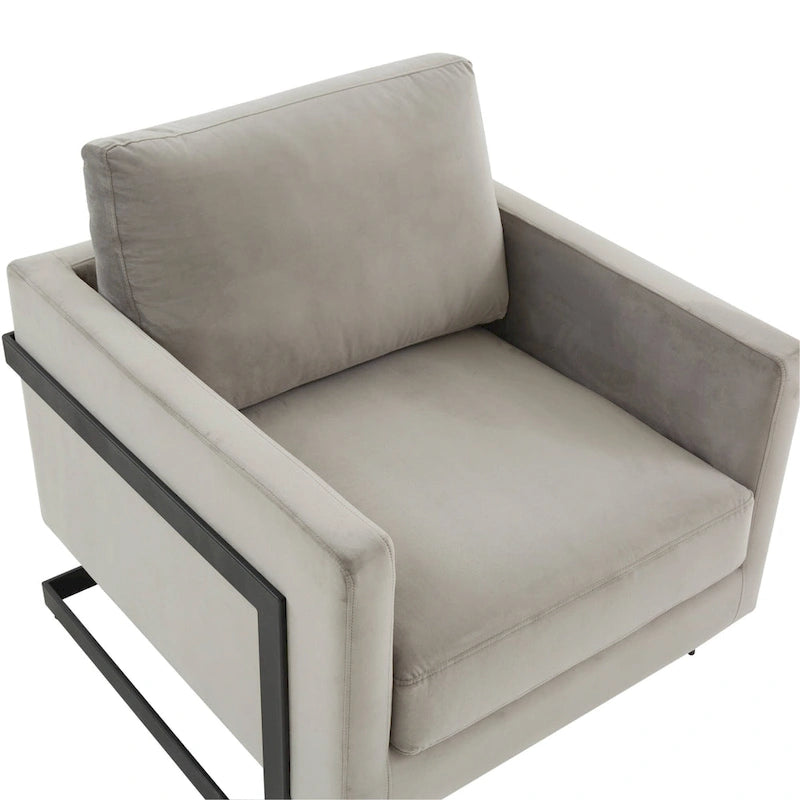 Poltroncina d'appoggio in Velluto Grigio Chiaro, Seduta Singola, Gambe in Acciaio Nero