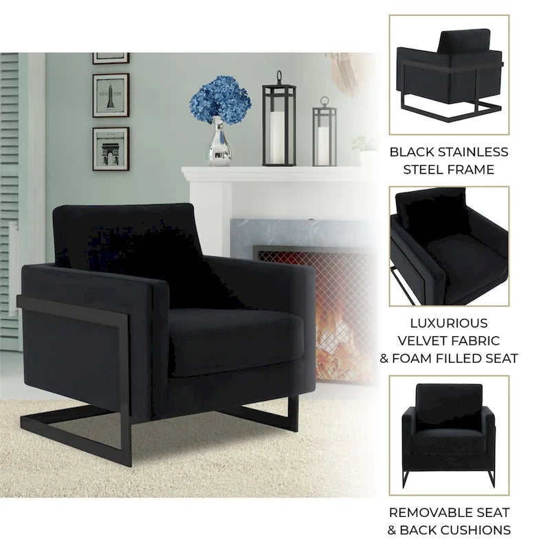 Poltroncina d'appoggio in Velluto Grigio Chiaro, Seduta Singola, Gambe in Acciaio Nero