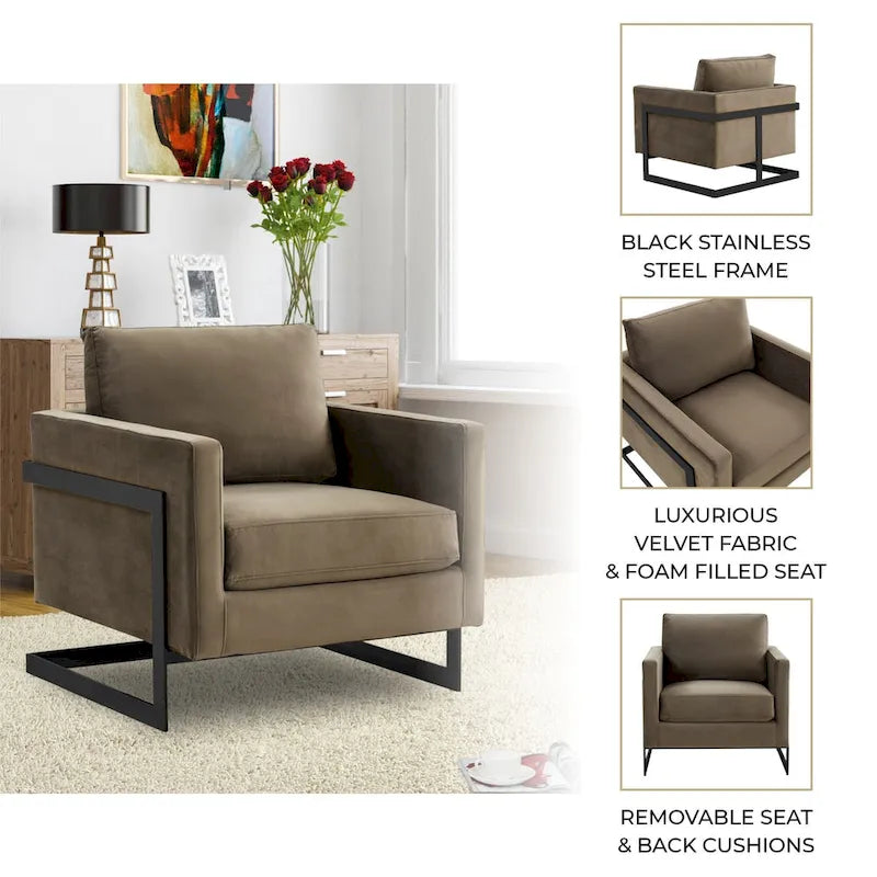 Poltroncina d'appoggio in Velluto Grigio Chiaro, Seduta Singola, Gambe in Acciaio Nero