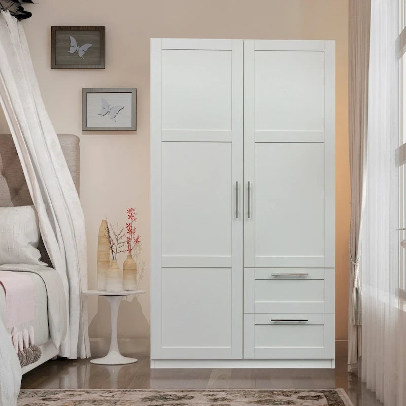 Armadio a muro noce / bianco / rovere con 2 ante, 2 cassetti e 5 vani a giorno