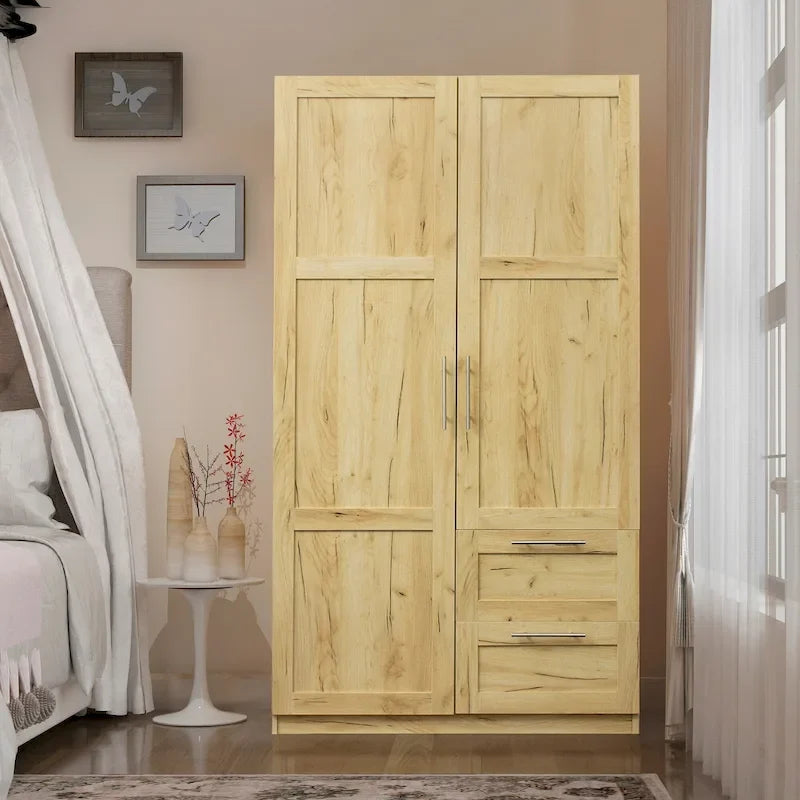 Armadio a muro noce / bianco / rovere con 2 ante, 2 cassetti e 5 vani a giorno