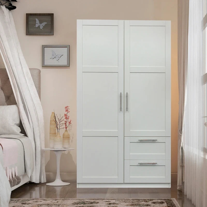 Armadio a muro noce / bianco / rovere con 2 ante, 2 cassetti e 5 vani a giorno