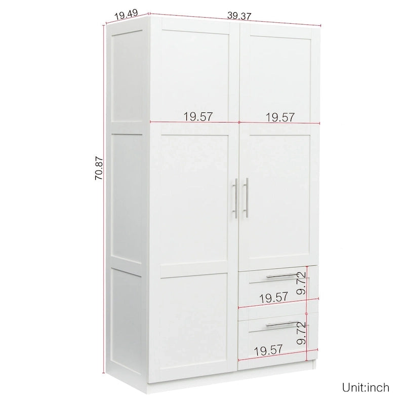 Armadio a muro noce / bianco / rovere con 2 ante, 2 cassetti e 5 vani a giorno