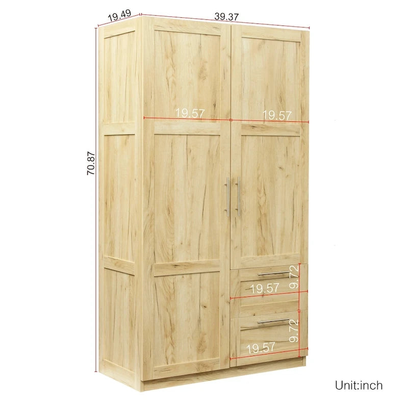 Armadio a muro noce / bianco / rovere con 2 ante, 2 cassetti e 5 vani a giorno