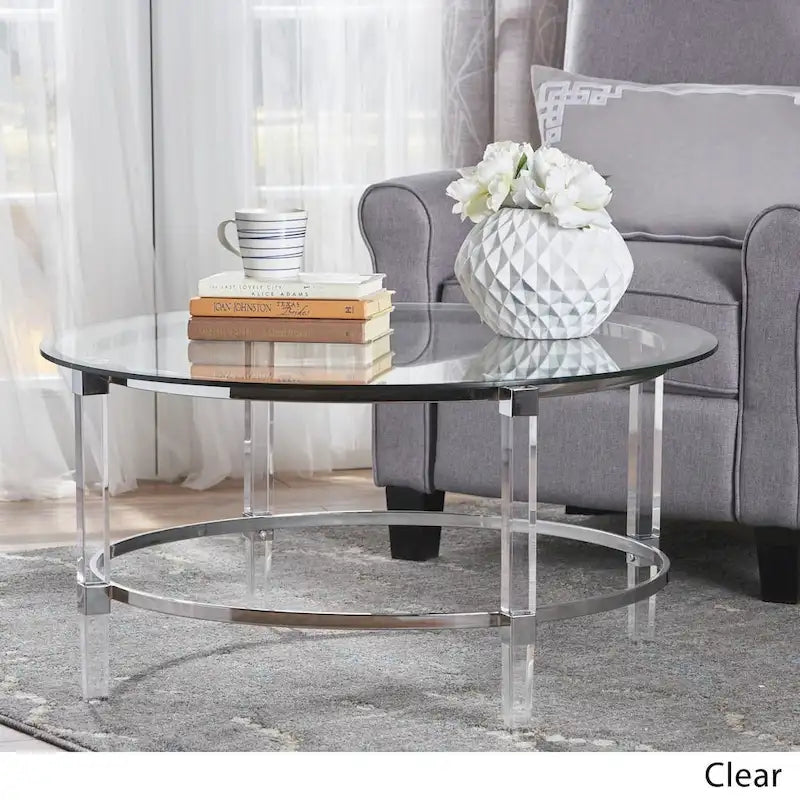 Tavolino da caffè rotondo in vetro trasparente, gambe in acrilico, 1 pezzo