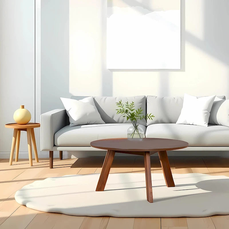 Tavolino da Caffè Rotondo Naturale in Legno di Acacia, Stile Moderno di Metà Secolo