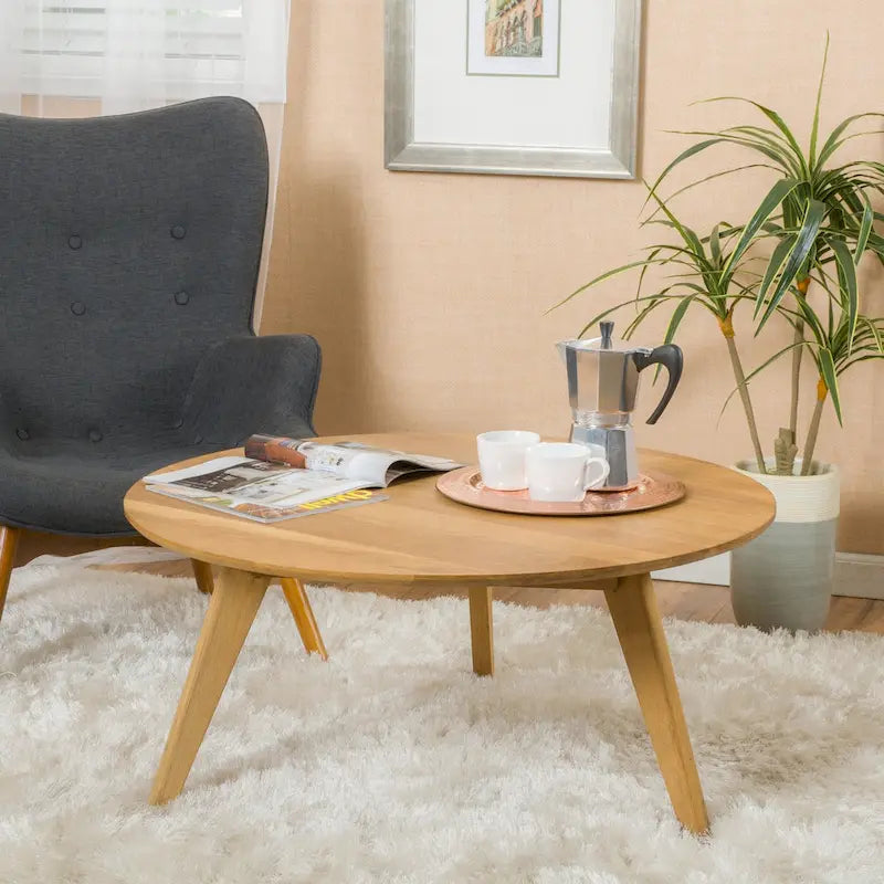 Tavolino da Caffè Rotondo Naturale in Legno di Acacia, Stile Moderno di Metà Secolo