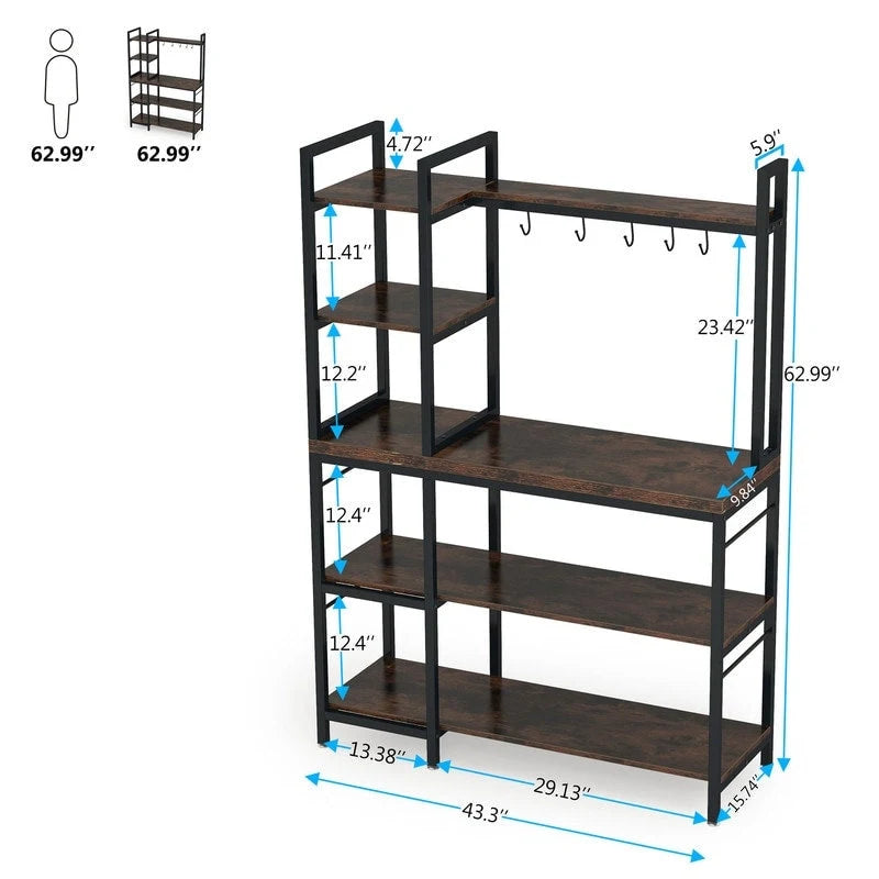 Scaffale da Forno a 4 Ripiani Marrone Rustico, Struttura in Acciaio Nero, 5 Ganci