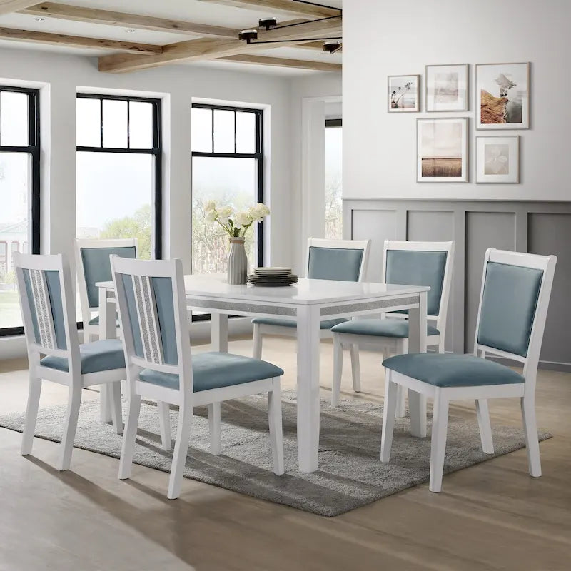 Set da pranzo rettangolare bianco a 7 posti con dettaglio a striscia di diamanti di cristallo (1 tavolo + 6 sedie)