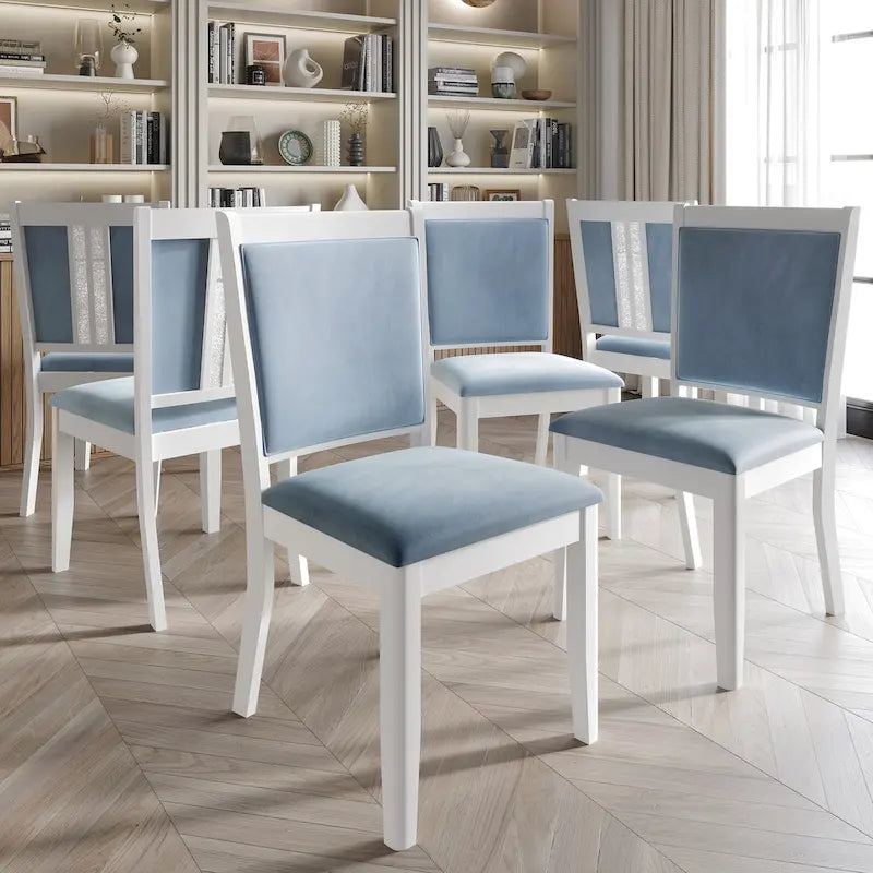Set da pranzo rettangolare bianco a 7 posti con dettaglio a striscia di diamanti di cristallo (1 tavolo + 6 sedie)