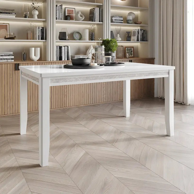 Set da pranzo rettangolare bianco a 7 posti con dettaglio a striscia di diamanti di cristallo (1 tavolo + 6 sedie)