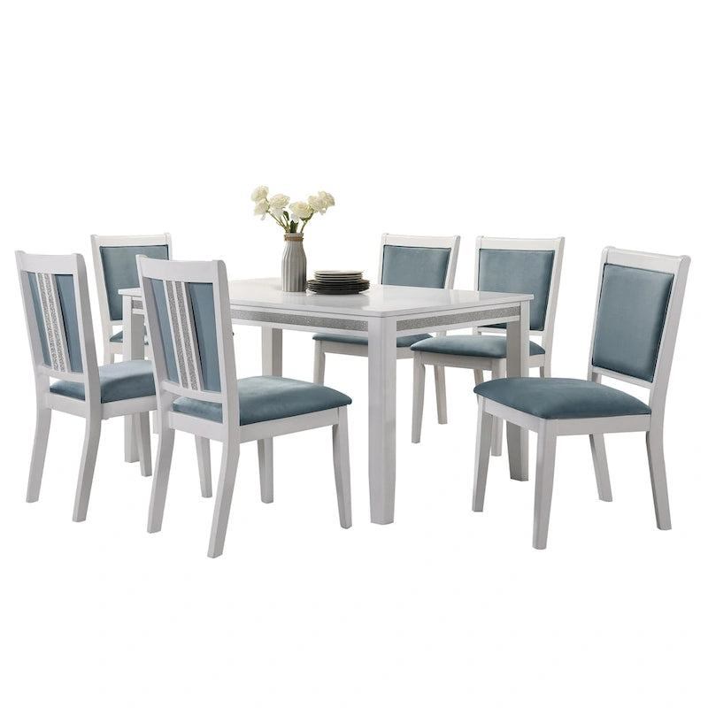 Set da pranzo rettangolare bianco a 7 posti con dettaglio a striscia di diamanti di cristallo (1 tavolo + 6 sedie)