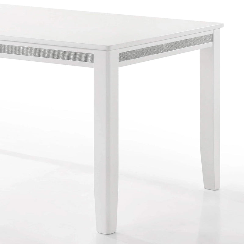Set da pranzo rettangolare bianco a 7 posti con dettaglio a striscia di diamanti di cristallo (1 tavolo + 6 sedie)