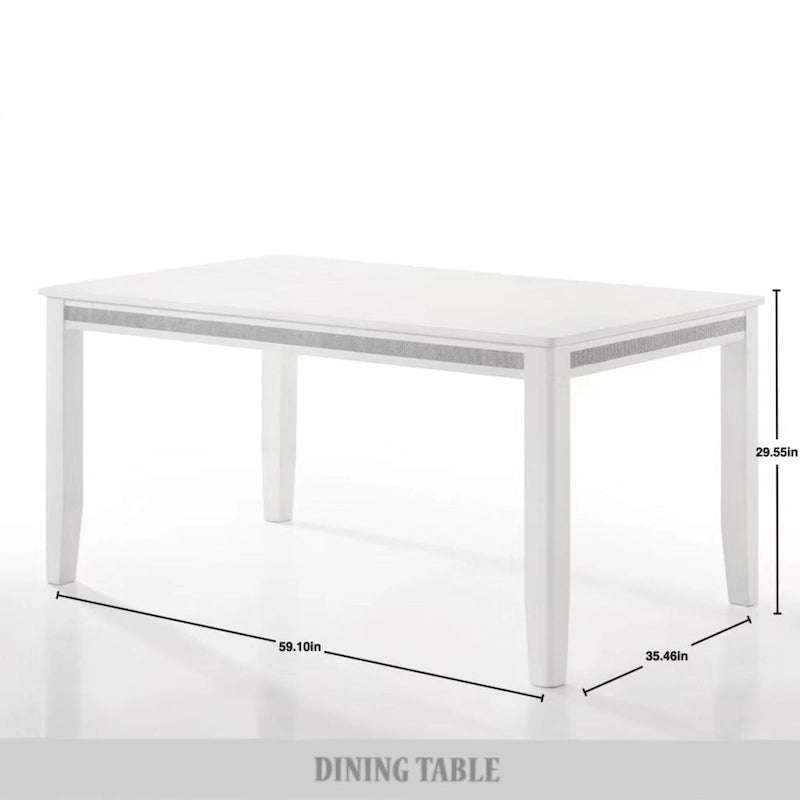 Set da pranzo rettangolare bianco a 7 posti con dettaglio a striscia di diamanti di cristallo (1 tavolo + 6 sedie)